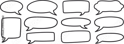 Simple black speech bubbles, empty talk shapes, cartoon dialog boxes, hand-drawn outline style, vector icons, communication, chat, conversation, message, comic illustration