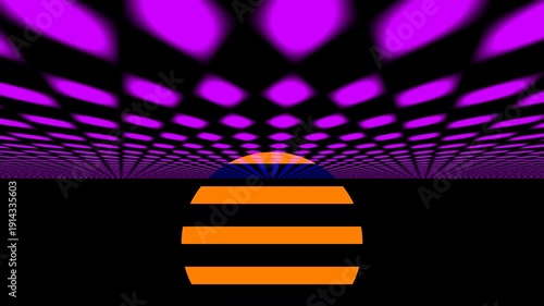 Pulsating abstract geometric orange shape under a glowing purple grid tunnel background Futuristic VJ Loop visualization