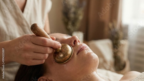 Kansa Wand Facial Massage with Oil in Ayurvedic Beauty Therapy for Glowing Skin