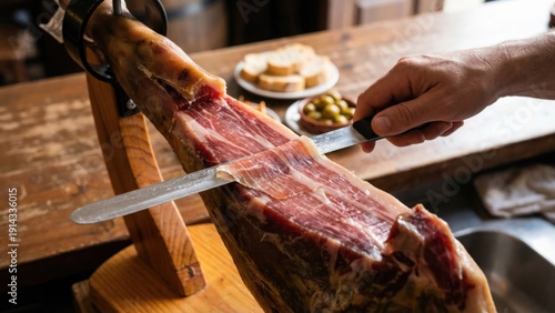 Hand Slicing Premium Iberian Ham on Wooden Stand in Cozy Culinary Setting