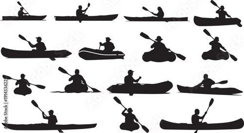 A collection of people kayaking in various styles and positions on the water.