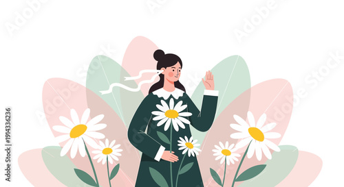 Woman with Daisies, Spring Blossom, Floral Beauty, Nature Inspired Illustration