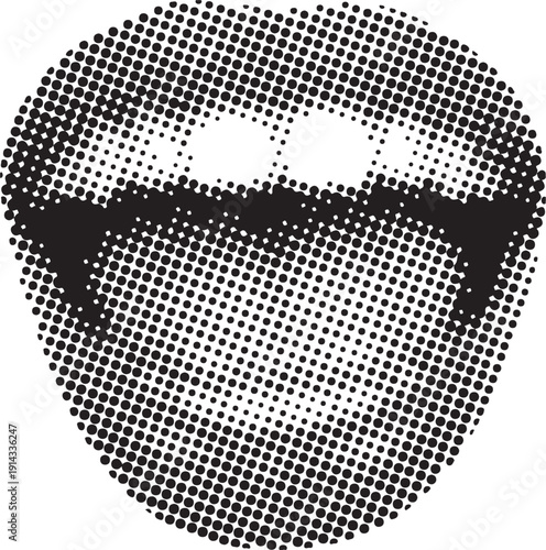 Vampire fangs protrude from lips rendered in a black and white halftone Halloween graphic