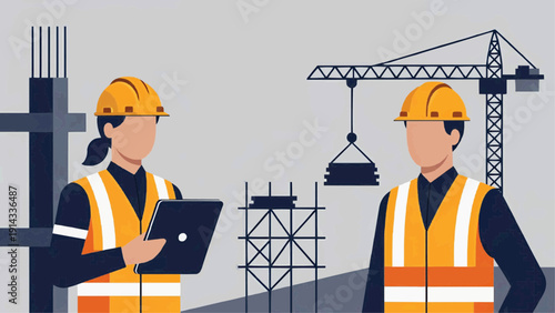 Two construction workers discuss project details on a building site with crane and scaffolding