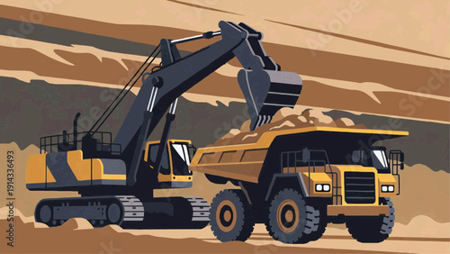 A large excavator loading a yellow dump truck on a construction site with heavy machinery.