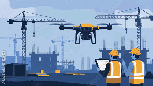 Construction workers operate drone at site with cranes and buildings