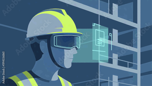 A worker wearing virtual reality goggles stands in front of industrial shelves.