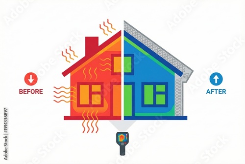 Dynamic transformation of home insulation depicted through contrasting color schemes highlighting energy efficiency improvements and eco friendly solutions