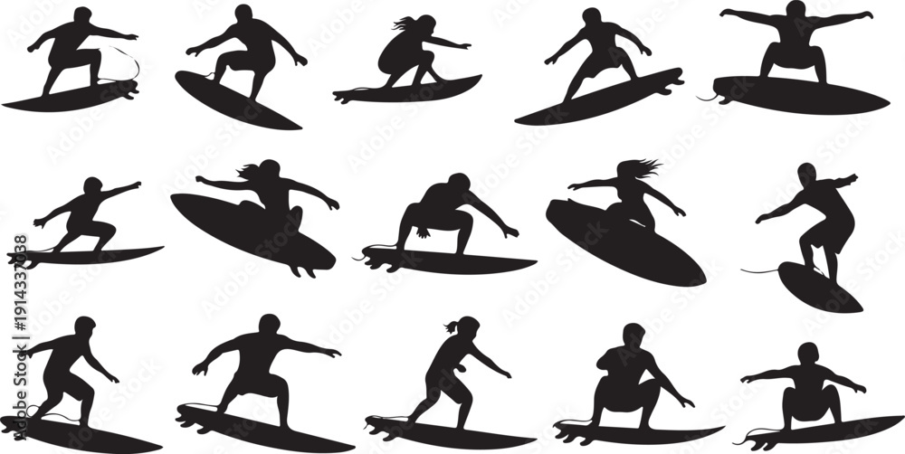 Obraz premium A collection of silhouettes depicting various surfing positions and styles