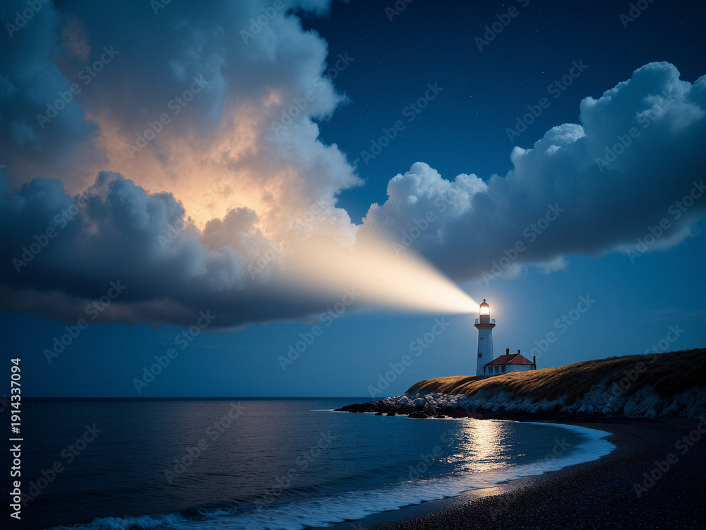 Fototapeta premium Der Lichtstrahl eines Leuchtturms richtet sich in den Himmel. Das Motiv steht für Führung und Orientierung in unsicheren Zeiten.KI Generiert