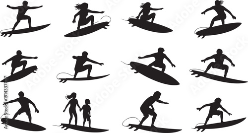 A collection of silhouettes showcasing various surfing positions and techniques