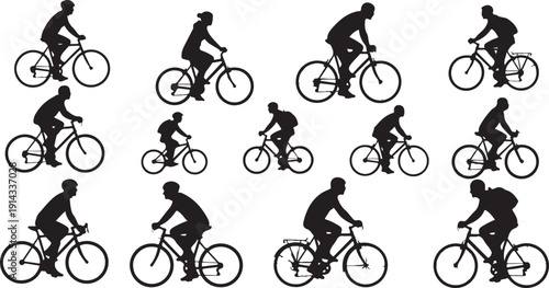 Silhouettes of cyclists in various dynamic riding positions against a white background