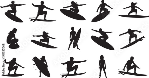 Diverse silhouettes of surfers riding waves in various poses and styles