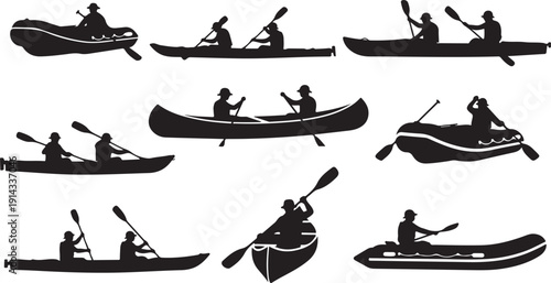 Diverse group of people enjoying various water activities in kayaks and canoes