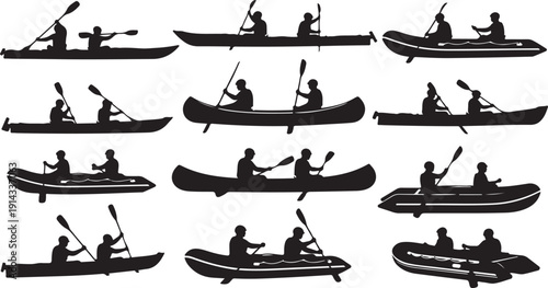 A collection of twelve people engaging in various kayaking activities