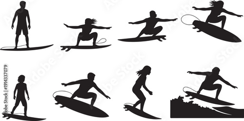Diverse group of surfers showcasing various surfing techniques and equipment