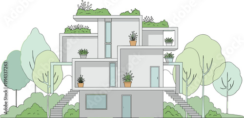 Modern minimalist architectural design featuring green plant-covered rooftops, geometric buildings with large windows