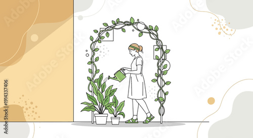 Woman watering plants in garden arch, botanical line art, illustration