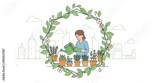 Woman Watering Plants in Urban Garden Frame, Cityscape Background