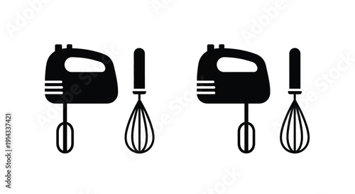 Two hand mixers and whisks presented in a stark black silhouette