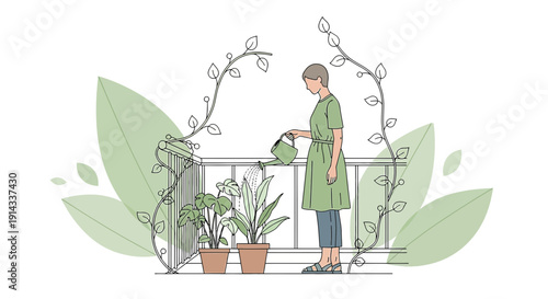 Woman Watering Plants on Balcony - Urban Gardening and Greenery