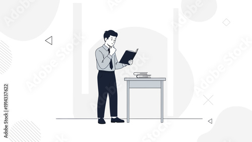 Man reading a book at a desk, education, learning, knowledge, thinking