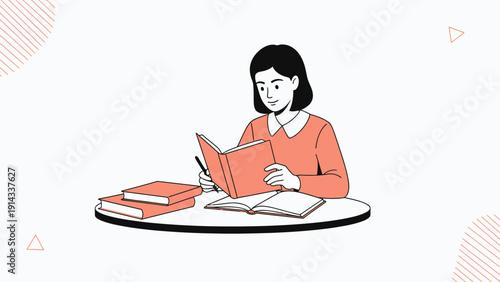 Young Woman Reading Book, Studying at Table with Stack of Books
