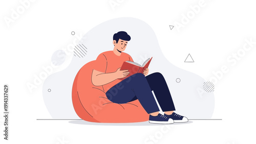 Man Reading Book on Beanbag Chair, Relaxing Hobby, Comfortable Lifestyle