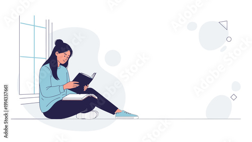 Young Woman Reading Book by Window, Cozy Lifestyle Illustration