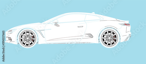 Modern sports car sketch, futuristic vehicle design, side view illustration, sleek aerodynamic lines, blueprint concept art, stylish coupe drawing, automotive artwork, performance concept render