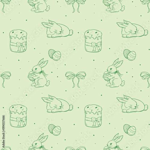 Seamless Easter Bunny and Cake Pattern, Vintage Line Art Spring Holiday Vector