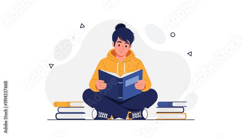 Young person reading a book, surrounded by books, knowledge, education