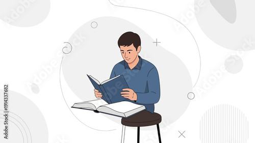 Young Man Reading a Book Sitting on a Stool, Knowledge and Education Concept