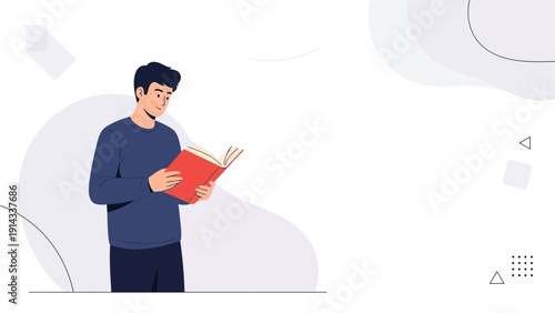 Young Man Reading a Book, Concentrated Study, Knowledge Acquisition