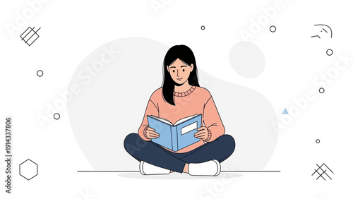 Young Woman Reading Book, Sitting Cross-legged, Education and Lifestyle Concept