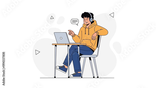 Young Man Studying Online with Laptop and Headphones, E-learning Concept