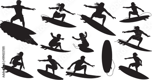Silhouettes of surfers riding waves in various dynamic poses