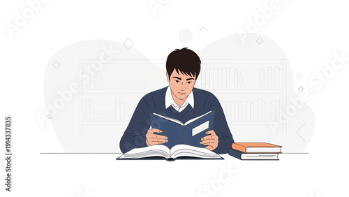 Young man reading an open book at a desk, surrounded by abstract shapes and a bookshelf illustration.