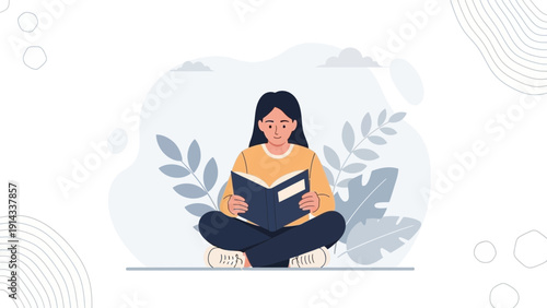 Woman Reading Book Outdoors, Relaxed Person Studying, Knowledge and Education Concept