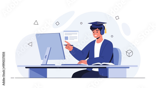 Student Learning Online with Graduation Cap and Computer