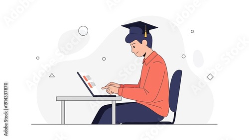 Student Learning Online with Laptop and Graduation Cap - Digital Education Concept