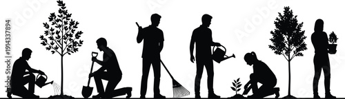 Gardening silhouettes illustration, people planting, watering trees, digging soil, holding rake, potted plant care, outdoor activity, environmental conservation, nature design