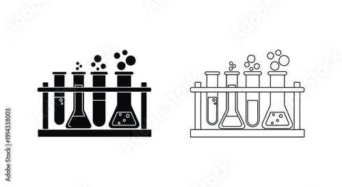 Laboratory glassware with bubbling liquids a bold black silhouette