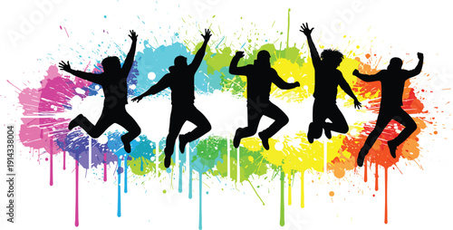 Jumping silhouettes illustration, colorful paint splatter, vibrant background, energetic pose, youth celebration, artistic design, creative concept, freedom expression, dynamic art