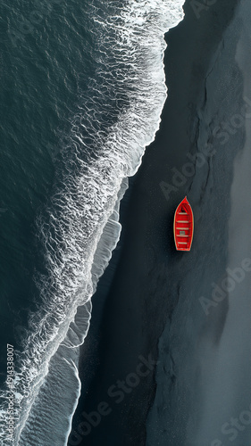 Red Boat In Dark Ocean Aerial View
