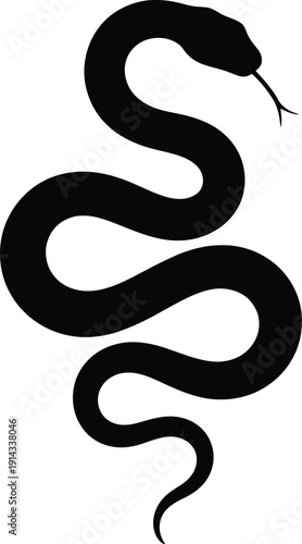 Slithering snake silhouette with forked tongue, black reptile icon isolated on white background