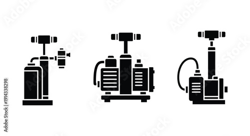 Three industrial valve designs in a stark black silhouette