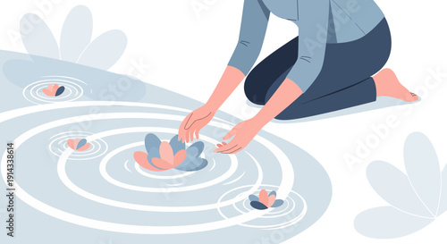Woman Touching Water Lilies in Pond, Serene Mindfulness Illustration