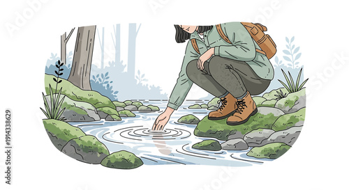 Woman touching water in forest stream, nature exploration, hiking, serene, peaceful outdoor scene