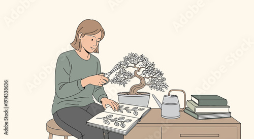 Woman Trimming Bonsai Tree, Reading Gardening Book, Peaceful Hobby